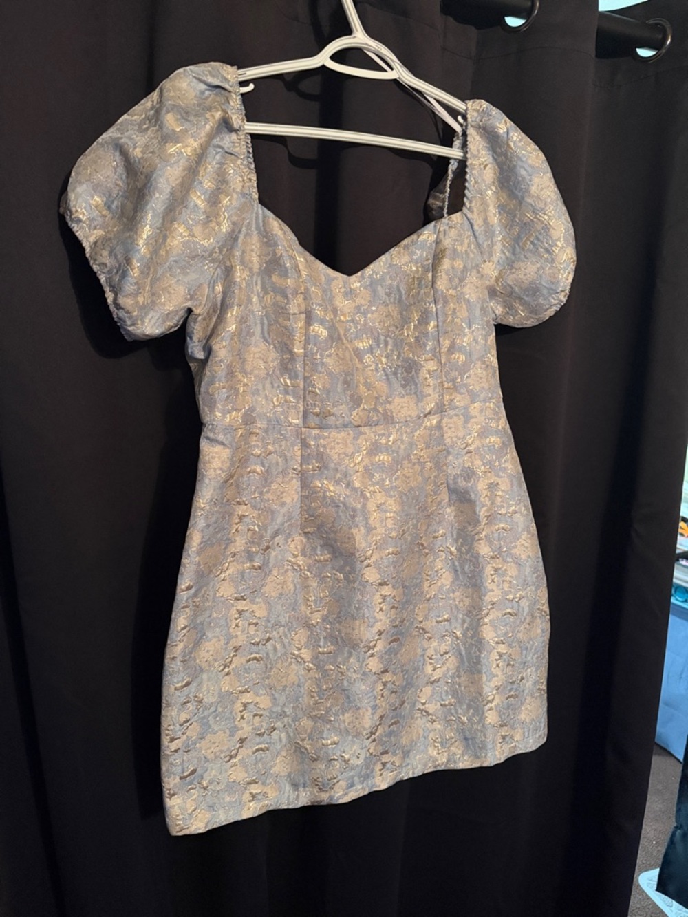 Lulu's Pale Blue and Gold Puff-Sleeve Jacquard Mini Dress